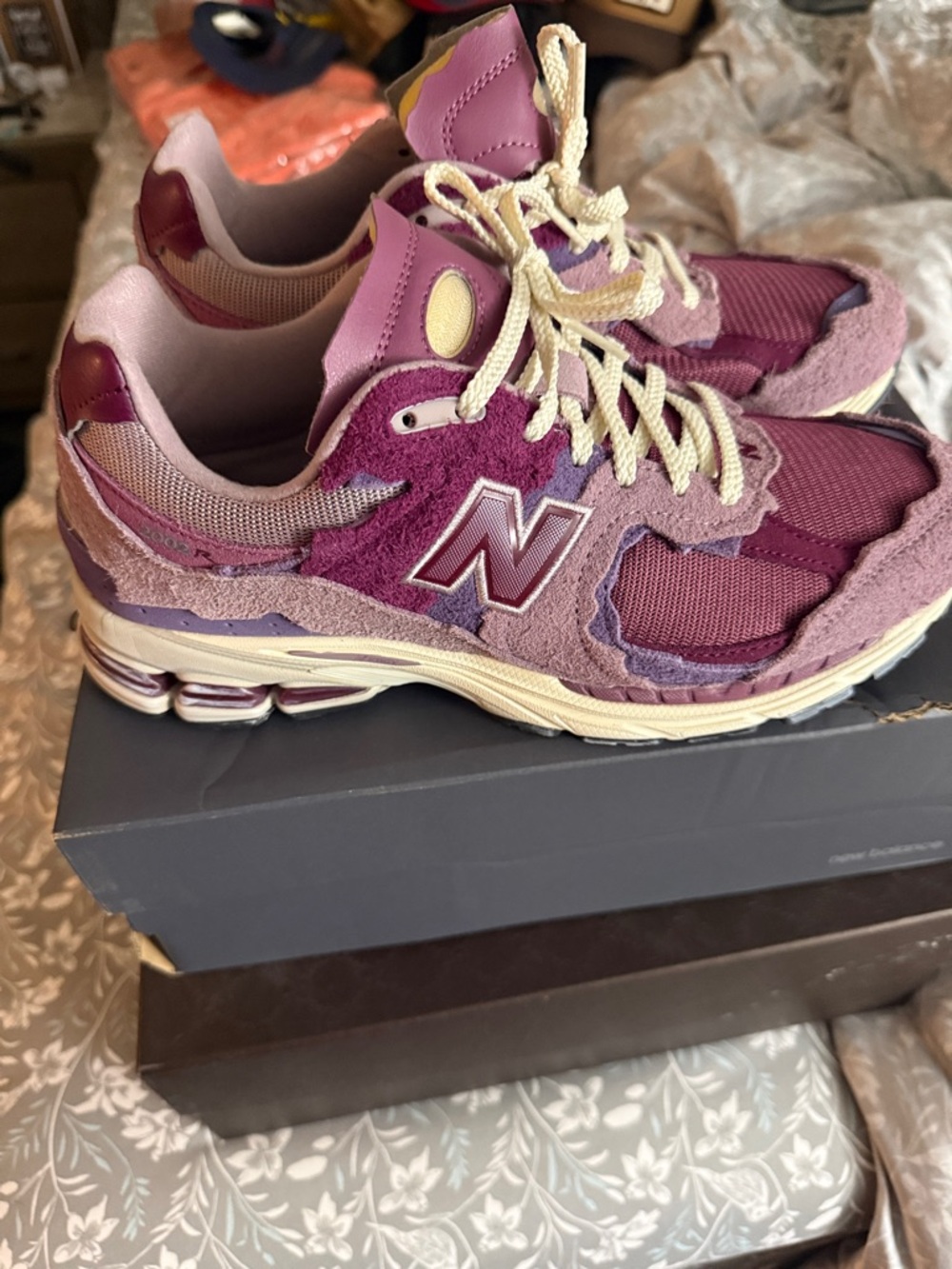 New Balance 2002R Purple & Pink Suede Mesh Sneakers with Cream Accents